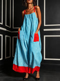 Resort Contrast Color Elastic Square Neck Thin Strap Vertical Stripe Red Splice Pocket Hem Loose Ankle Dress