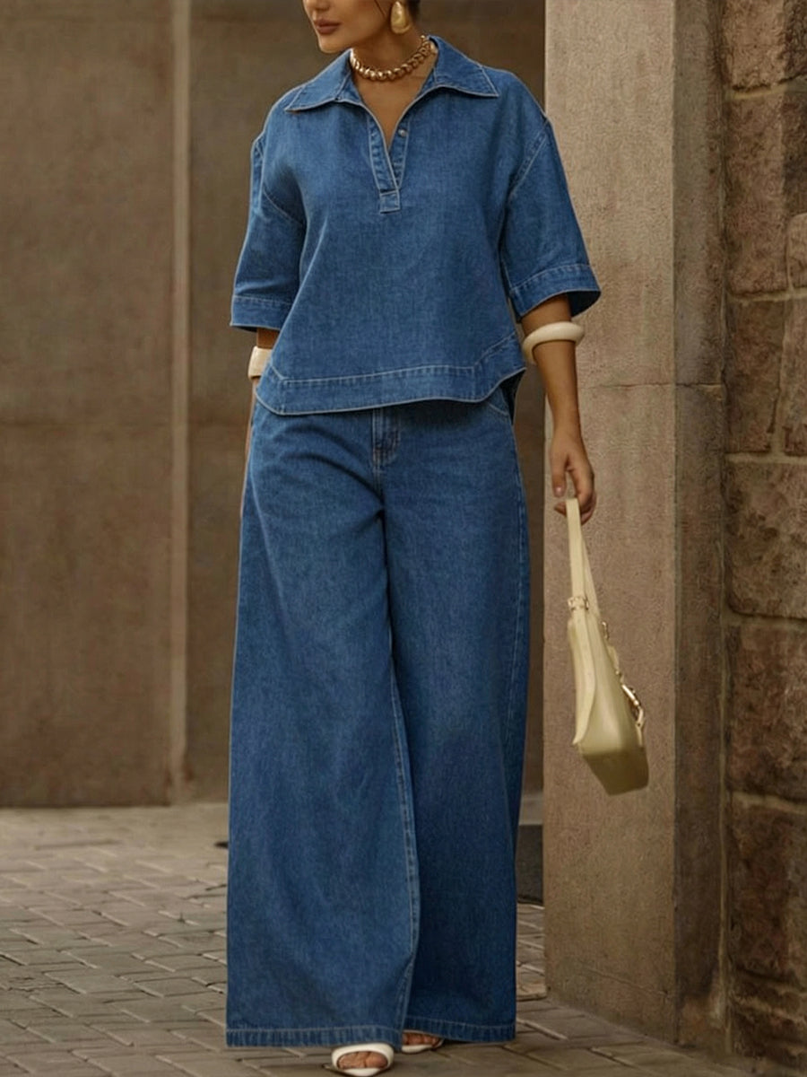 📦📦LAST DAY SAVE 49%Women's Casual 100% Cotton Denim Top And Wide-leg Pants Two-piece Set
