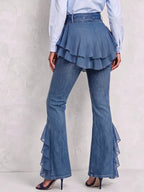 Statement Tencel Denim & Chiffon Ruffled Flare Jeans