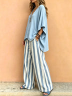 Women's Solid Loose V-Neck Top & Blue White Stripe Wide Leg Pants Set