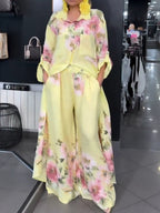 Loose-fit Casual Floral Print Linen-cotton Long Shirt And Trousers Two-piece Set