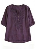 Women's Loose-fit Cotton-linen Embroidered Short-sleeve Round-neck Top