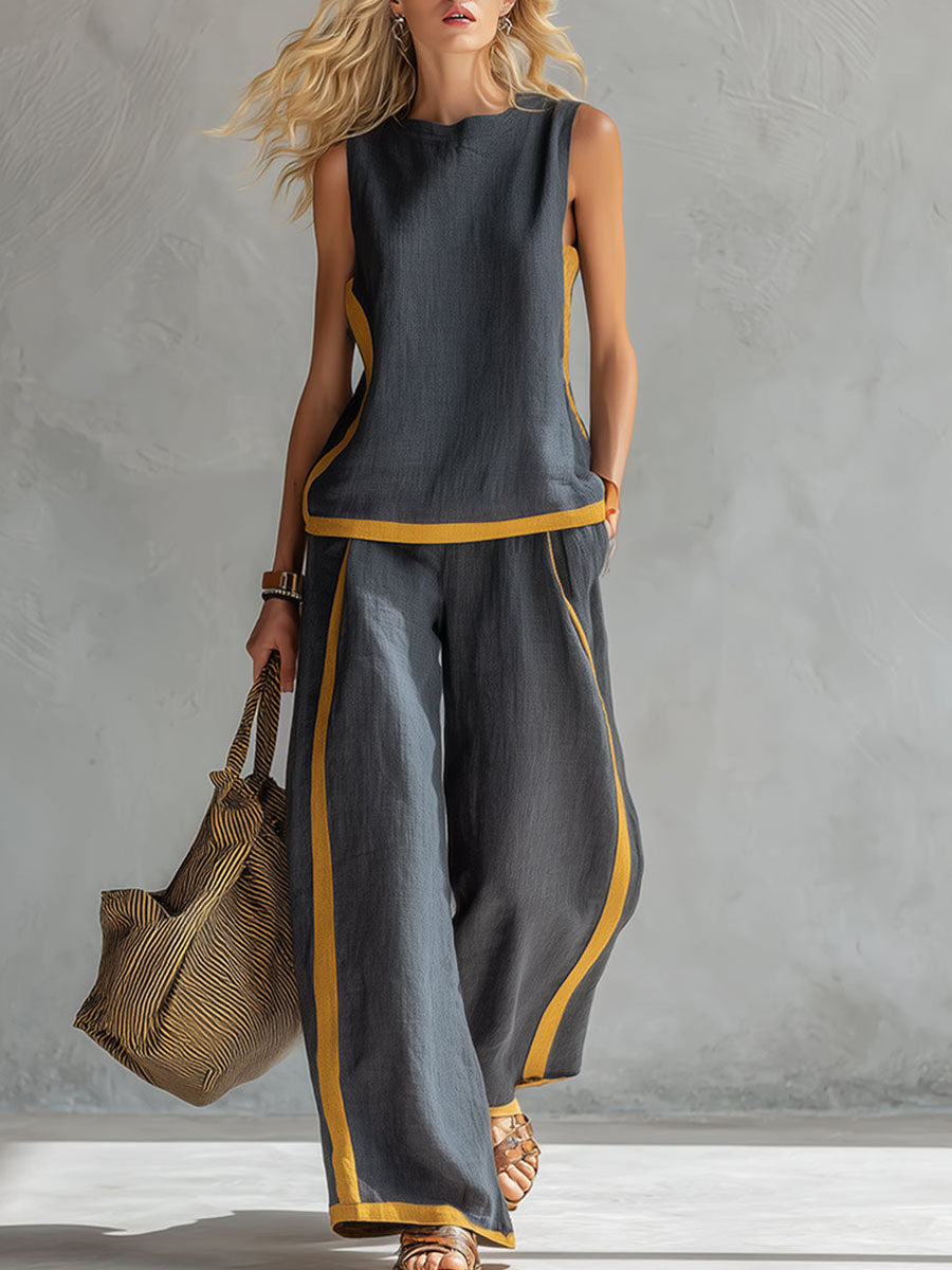 ✨⏰LAST DAY SAVE 49% ⏰Buy 2 Pcs Free Shipping - Women's Round Neck Sleeveless Casual Loose Top And High-waisted Loose Wide-leg Pants Cotton And Linen Set.