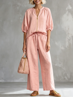 Stylish Cozy Shirt And Wide-leg Pants Linen Cotton Two-piece Set