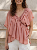 Women’s Ruffle V Neck Flutter Short Sleeve Chiffon Peplum Blouse
