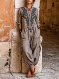 📦📦LAST DAY SAVE 49% ⏰Women's V-neck Long-sleeve Casual Loose Cotton-linen Wide-leg Jumpsuit With Placement Print
