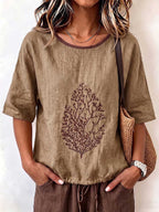 Women's Casual Loose-fit Cotton-linen Top With Placement Embroidery, Crew Neck, And 3/4 Sleeves With Drawstring Detail