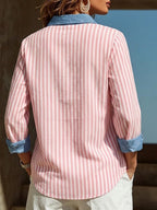 Women's Color-block Striped Shirt Featuring A Minimalist, Chic Style, Spliced collar, And Loose Fit