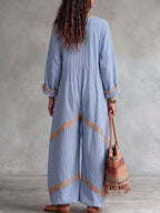 Women's Striped Print V-neck Long-sleeve Casual Loose Cotton-linen Wide-leg Jumpsuit