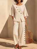 Women's Solid Color Casual Cotton-linen Set: Round-neck 3/4 Sleeve Loose Top & High-waisted Wide-leg Pants