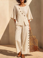 Women's Solid Color Casual Cotton-linen Set: Round-neck 3/4 Sleeve Loose Top & High-waisted Wide-leg Pants