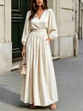 Women's Retro Art Casual Stylish V-collar Long Sleeve Maxi Dress