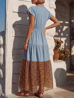 Vintage Art Comfortable Summer Fabrics Denim Patchwork Chiffon Dress