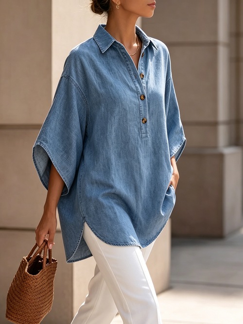 Artfully Tailored Lightweight Denim Shirt Top