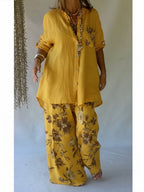 Casual Floral Print Linen And Cotton Shirt And Trousers Two-piece Set