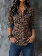 Stylish Casual Denim Zip-up Shirt With Leopard Print Panels