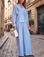 Women's Collared, Fitted Satin Blouse And High-waisted Wide-leg Trousers Two-piece Set