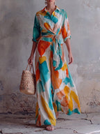 Two-piece Set Featuring An Abstract Brushstroke Print Cotton-linen Shirt And Trousers.