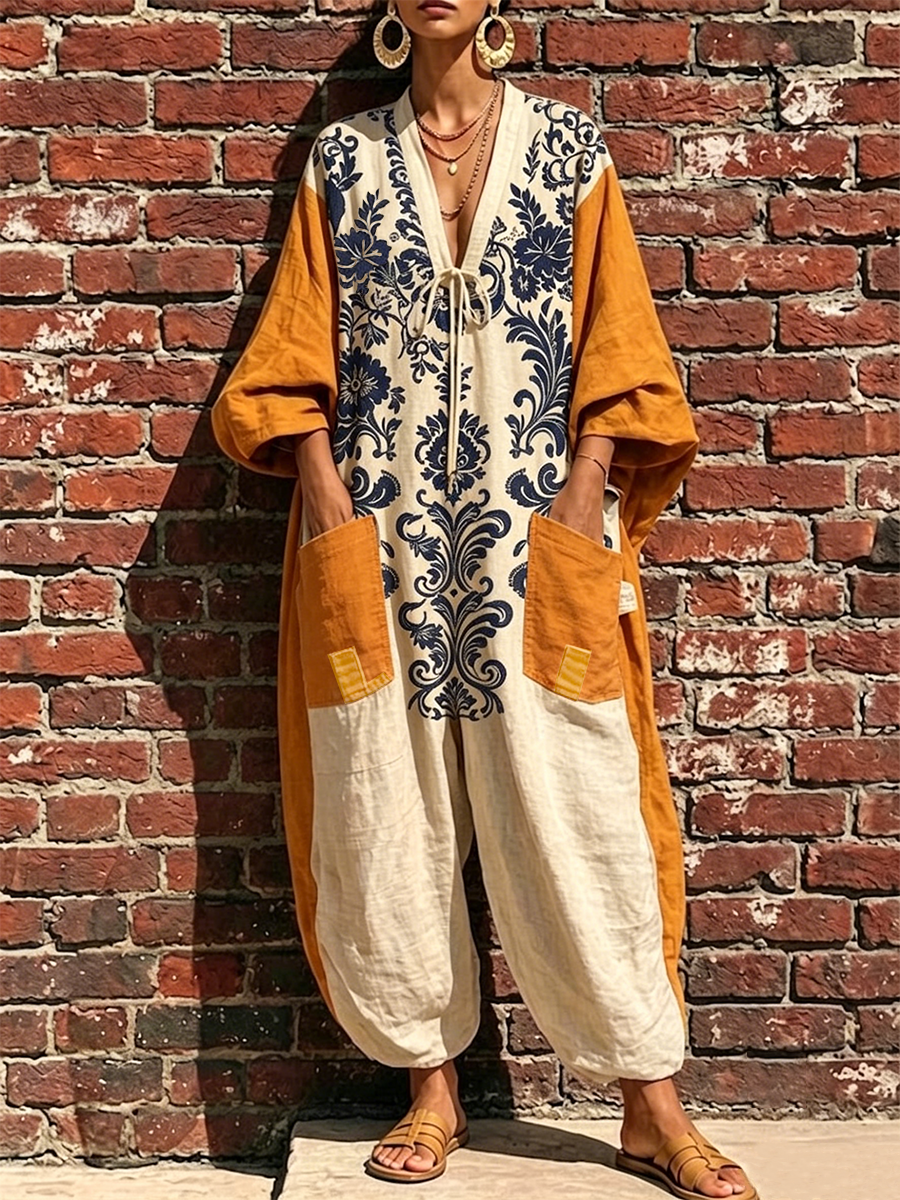 Boho Resort Vintage Blue Botanical Print Contrast Patch Pocket Loose Cuffed Linen Full Jumpsuit