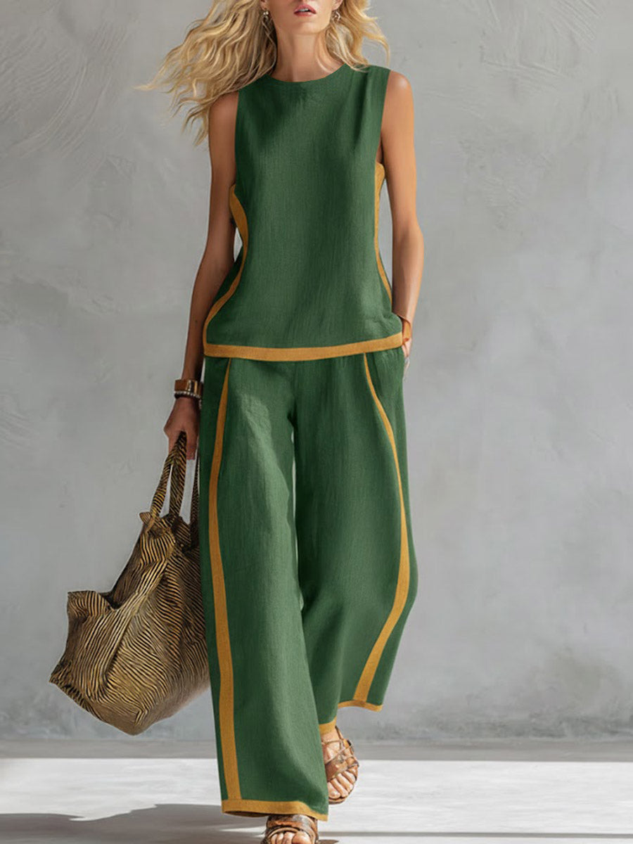 ✨⏰LAST DAY SAVE 49% ⏰Buy 2 Pcs Free Shipping - Women's Round Neck Sleeveless Casual Loose Top And High-waisted Loose Wide-leg Pants Cotton And Linen Set.