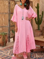 Bohemian V-neck Cotton-linen Dress With Lace Hem