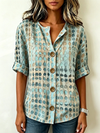Artistic Watercolor Polka-dot Print Cotton-linen Henley Shirt