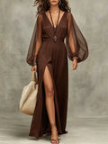 Women's Chiffon Lantern Sleeve High-Slit Maxi Dress