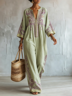 Boho-chic Sage Green Cotton-linen Jumpsuit