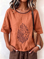 Women's Casual Loose-fit Cotton-linen Top With Placement Embroidery, Crew Neck, And 3/4 Sleeves With Drawstring Detail