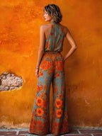 Boho Vintage Cowl-neck Floral Print Jumpsuit