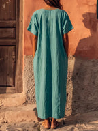 Vibrant Embroidered V-neck Kaftan Maxi Dress