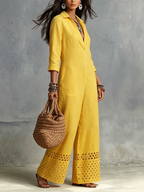 Boho-chic Yellow Cut-out Hems Cotton-linen Jumpsuit
