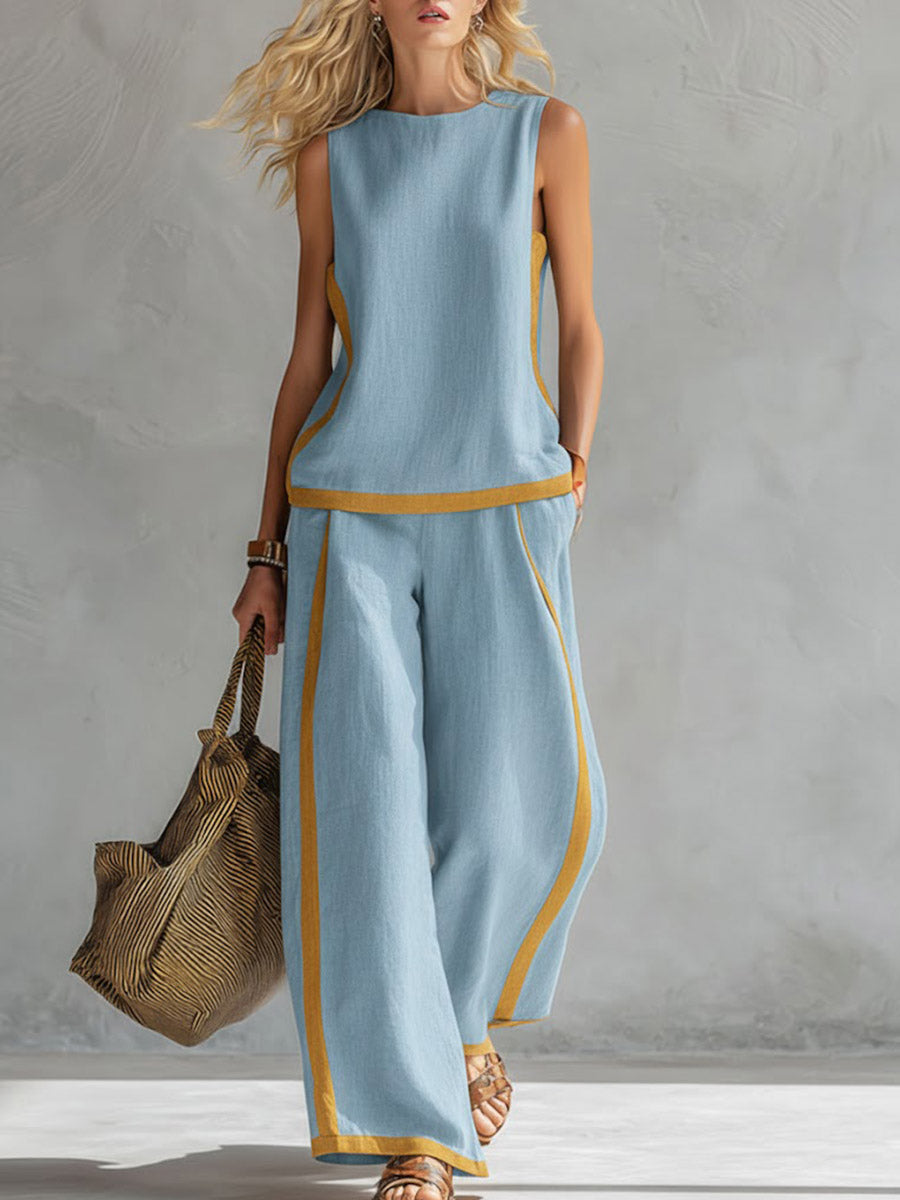 ✨⏰LAST DAY SAVE 49% ⏰Buy 2 Pcs Free Shipping - Women's Round Neck Sleeveless Casual Loose Top And High-waisted Loose Wide-leg Pants Cotton And Linen Set.
