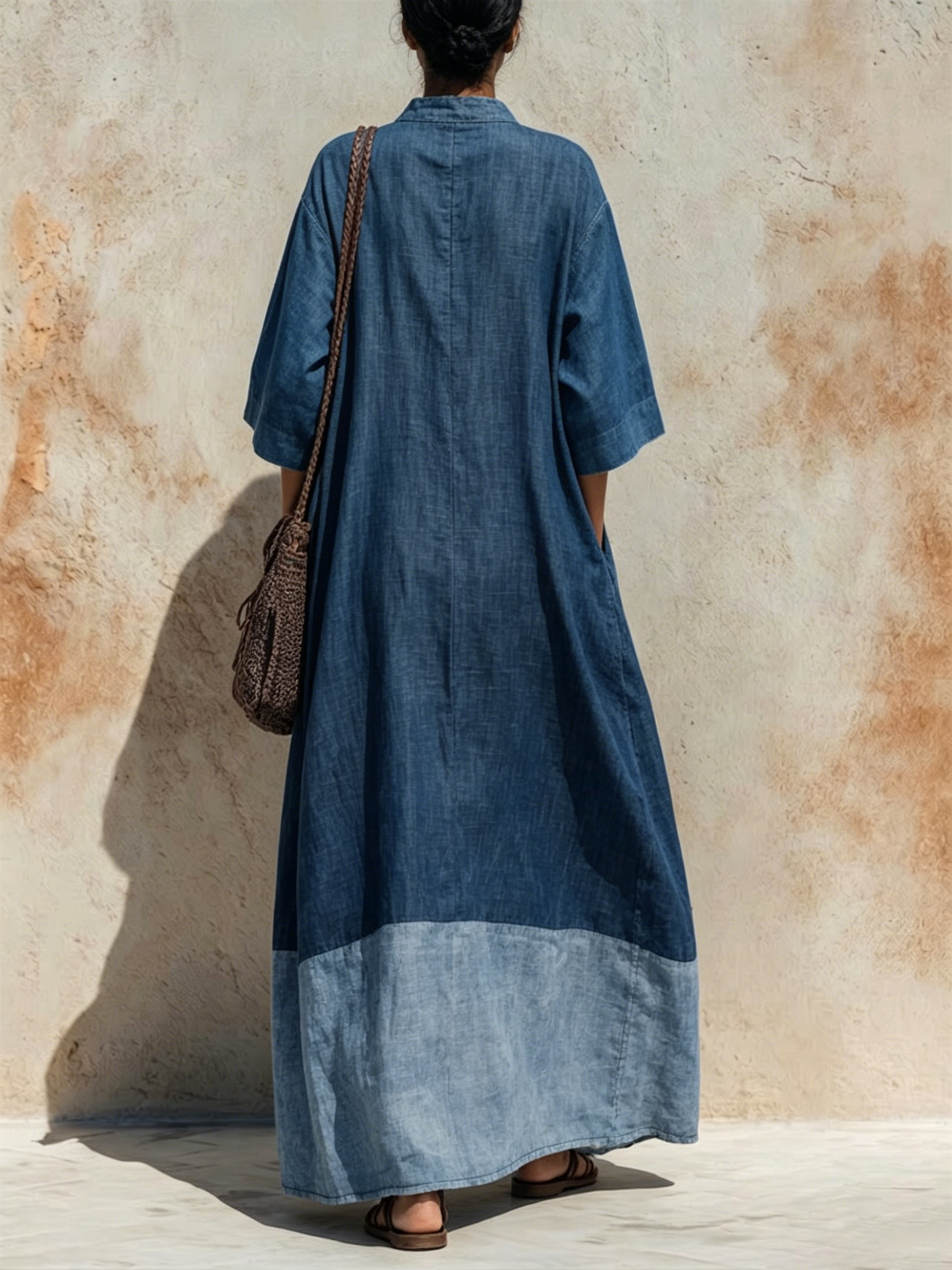 Vintage Resort-style Linen Maxi Dress Featuring A Washed-blue Gradient, Color-blocking, A Stand Collar, A Half-button Placket, Three-quarter Sleeves, And A Paneled Hem Designed For A Flattering, Figure-concealing Fit