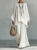 Women's Cozy, Loose-fitting Linen And Cotton Top And Wide-leg Pants Two-piece Set.