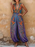 Women's Vintage Placement-print V-neck Sleeveless Casual Loose Cotton-linen Wide-leg Jumpsuit