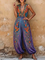 Women's Vintage Placement-print V-neck Sleeveless Casual Loose Cotton-linen Wide-leg Jumpsuit