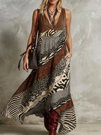 Women's V-Neck Sleeveless Mixed Animal Print Chiffon Maxi Dress With Side Pockets