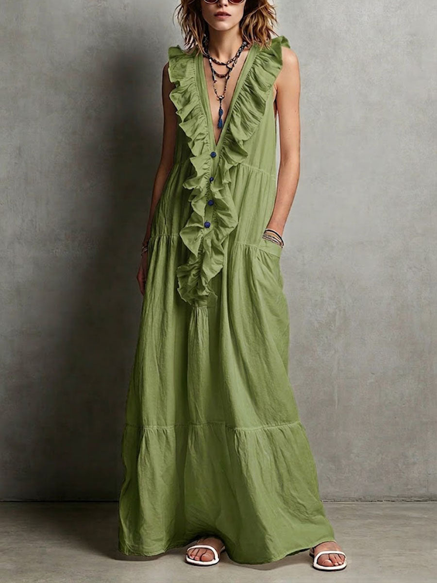 Women's Solid-color V-neck Ruffled Sleeveless Casual Loose Cotton-linen Dress