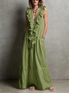 Women's Solid-color V-neck Ruffled Sleeveless Casual Loose Cotton-linen Dress