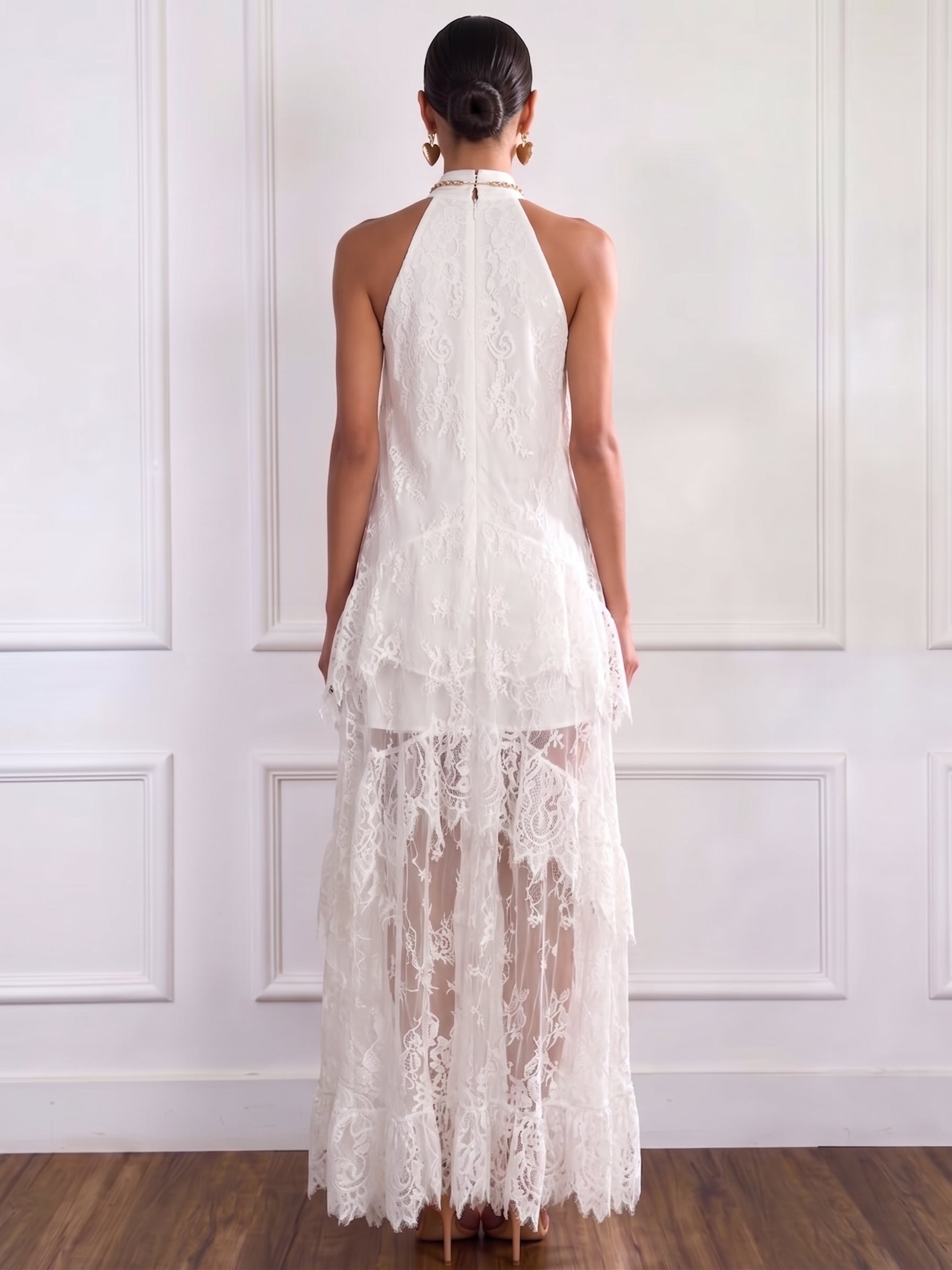 Stylish And Elegant White Lace Halter-neck Maxi Dress