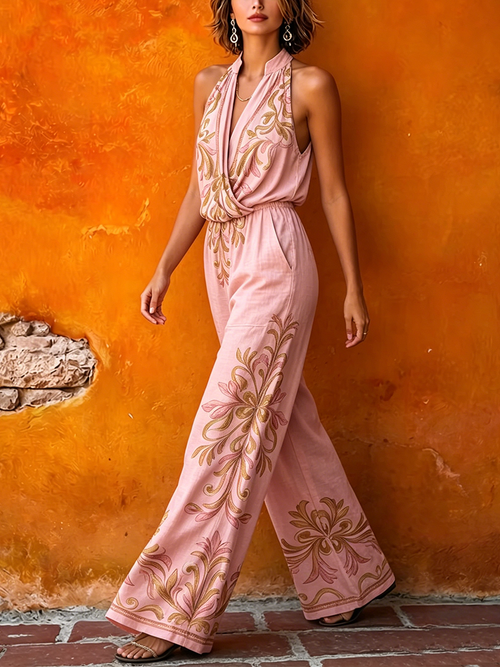 Boho Floral Print Sleeveless Cotton-linen Jumpsuit