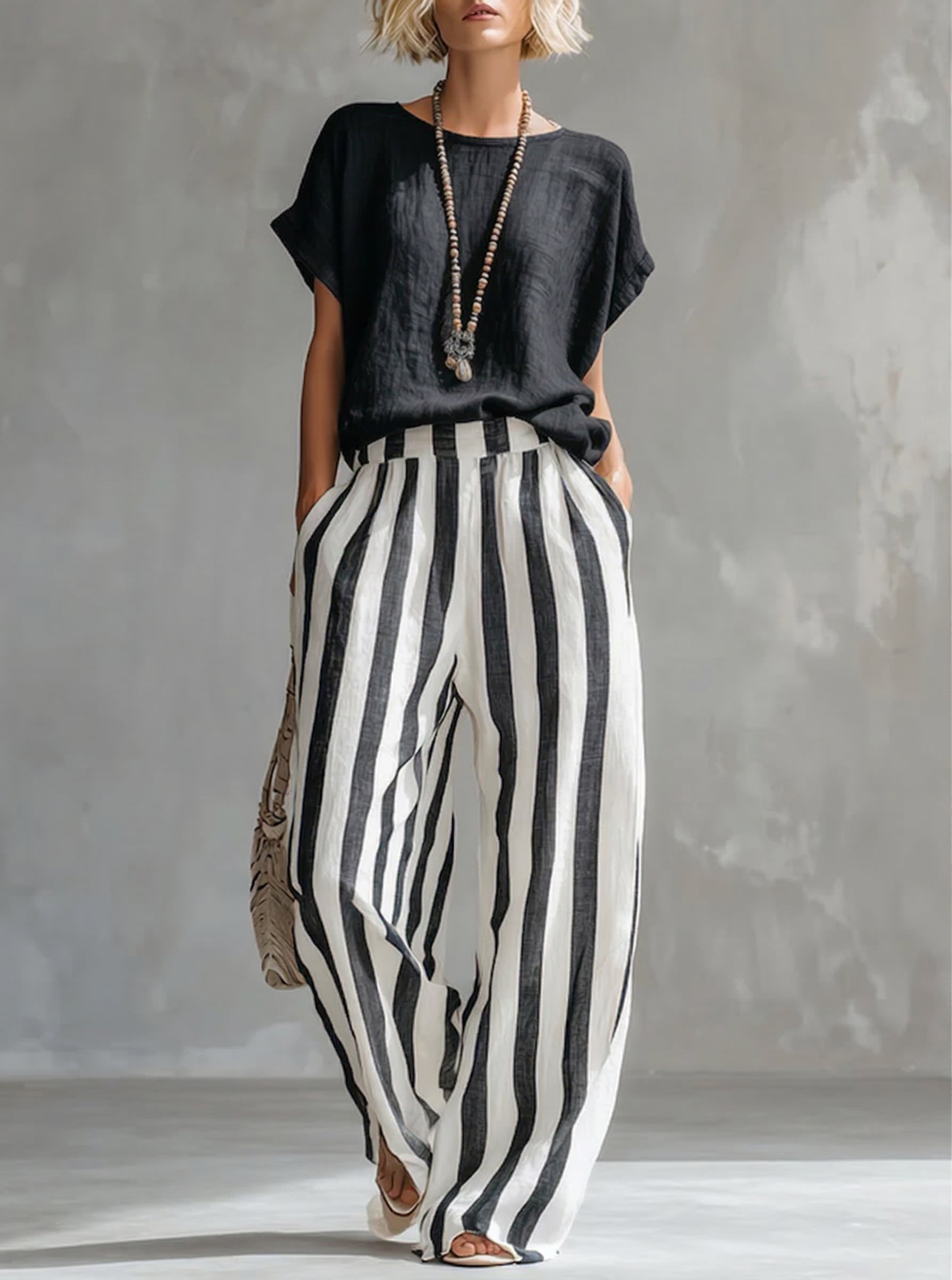 ✨⏰LAST DAY SAVE 49% ⏰Cozy Loose-fit Striped Cotton-linen Two-piece Set