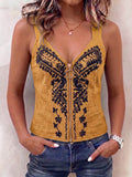 Women's Vintage Placement-print V-neck Sleeveless Casual Loose Cotton-linen Top