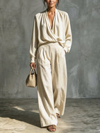 Women's V-Neck Art Casual Top And Pants Cotton And Linen Two-piece Set