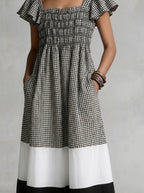 Women’s Gingham Color Block Square Neck Ruffle Sleeve Cotton Linen Midi Dress