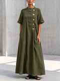 Elegant Olive Green Dress With Metal Buttons