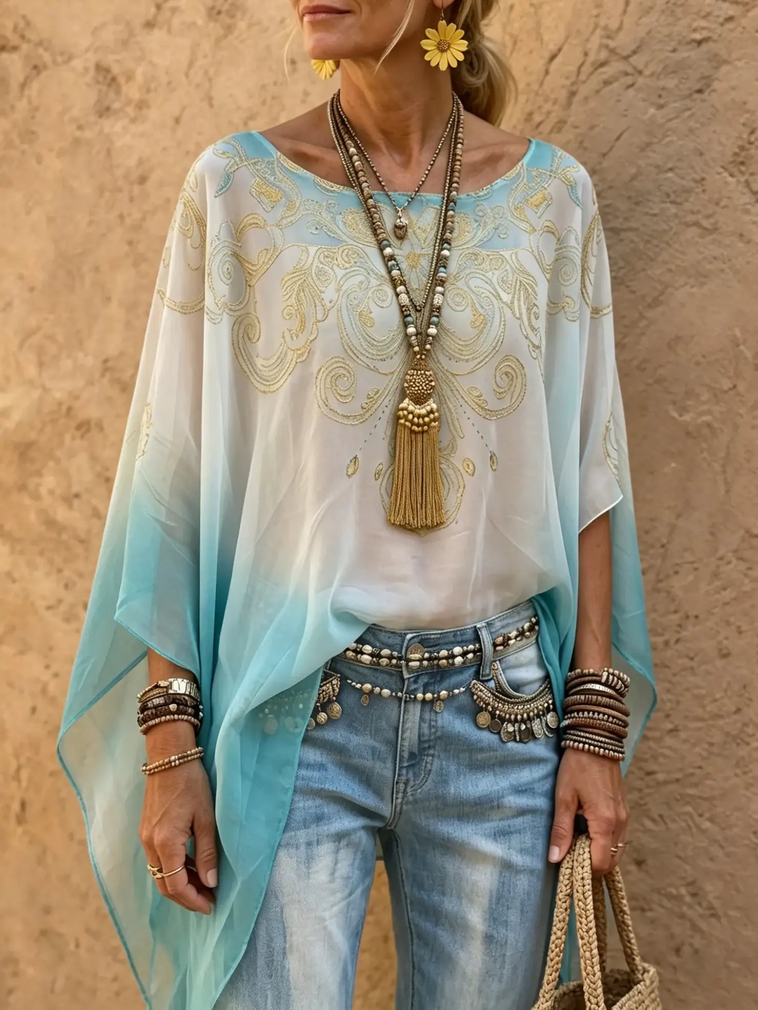 Women's Boho Ombre Batwing Sleeve Sheer Top