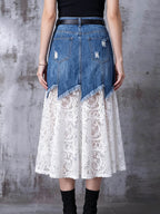 Women's High-waisted Denim And Lace A-line Skirt