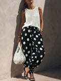 Fresh Casual Round Neck Hollow Sleeveless Knit Top Vintage Big Polka Dot Drawstring Lantern Pant Matching Set